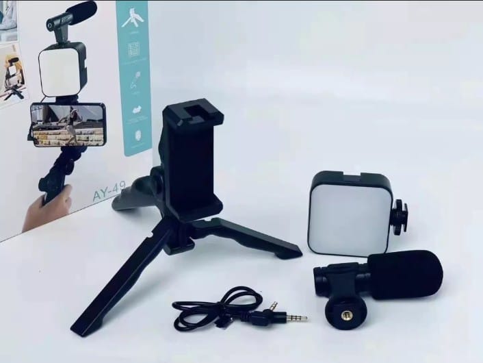 AY-49 Vlogging Kit | Portable Video Recording Setup with LED Light, Shotgun Mic & Flexible Tripod