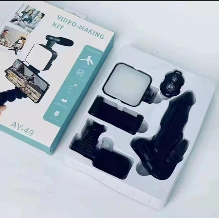 AY-49 Vlogging Kit | Portable Video Recording Setup with LED Light, Shotgun Mic & Flexible Tripod