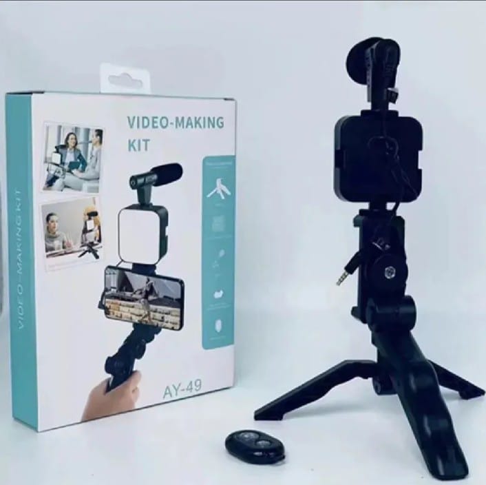 AY-49 Vlogging Kit | Portable Video Recording Setup with LED Light, Shotgun Mic & Flexible Tripod